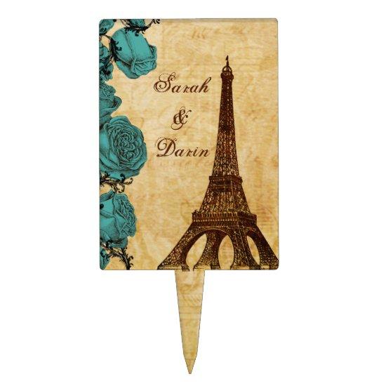 aqua vintage eiffel tower Paris wedding cake picks