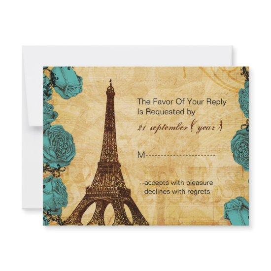 aqua vintage eiffel tower Paris wedding rsvp