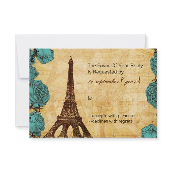 aqua vintage eiffel tower wedding rsvp 3.5 x 5