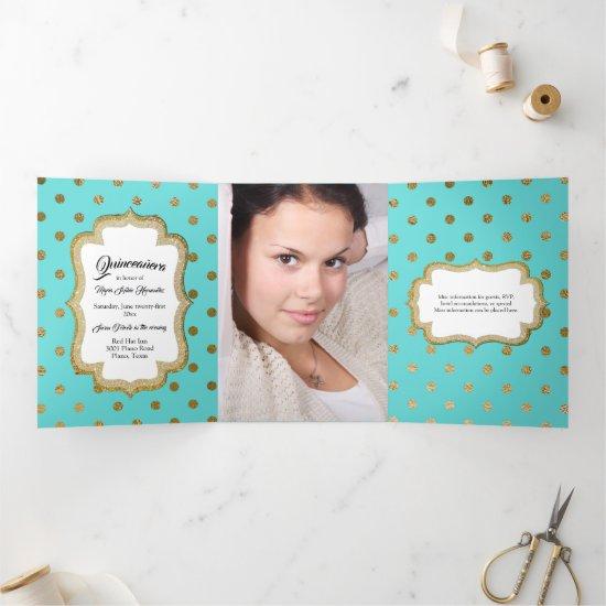 Aqua with Gold Dots and Custom Photo Quinceañera Tri-Fold