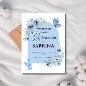arch Quinceanera Floral Baby Blue butterflies Save The Date