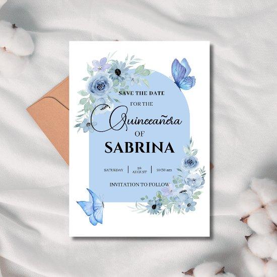 arch Quinceanera Floral Baby Blue butterflies Save The Date