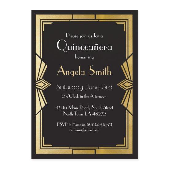 Art Deco Quinceanera Party Gatsby Black Invite 15