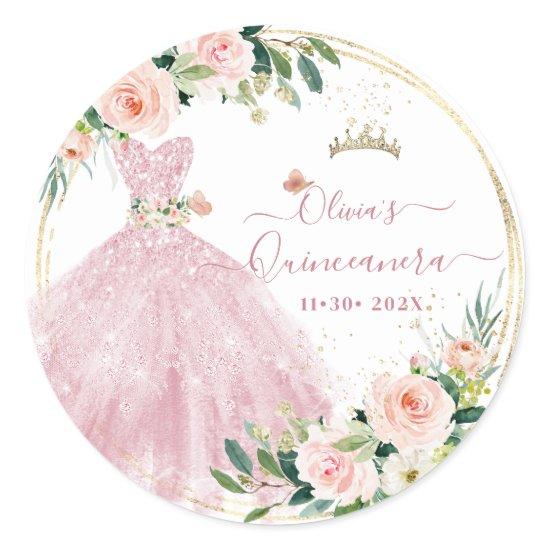ArtsApp H2 Roses Blush Pink Sparkling Quinceanera Classic Round Sticker