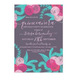 Artsy Bright Neon Pink Teal Flowers Quinceañera