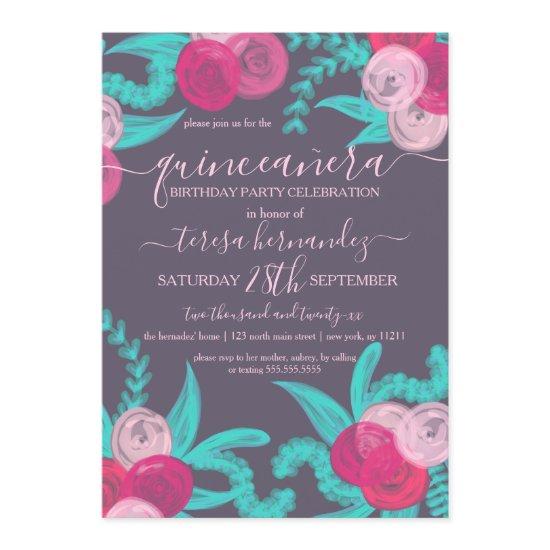 Artsy Bright Neon Pink Teal Flowers Quinceañera