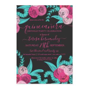 Artsy Bright Neon Pink Teal Flowers Quinceañera