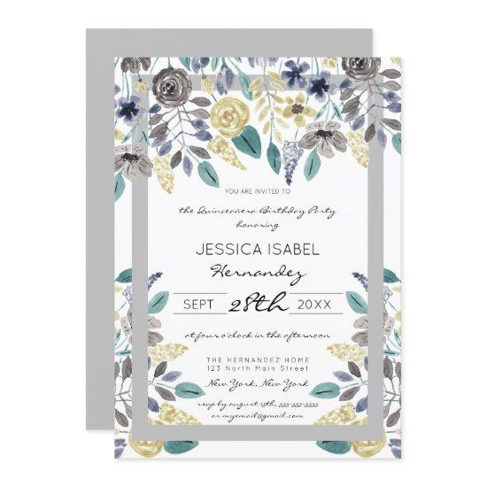 Artsy Summer Flowers Leaves Watercolor Quinceañera