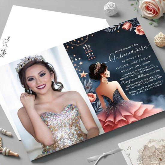 At Glam Ball Gown Spark Dark Navy Blue Quinceanera