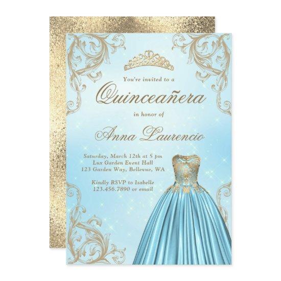 Baby Blue And Light Gold Quinceanera