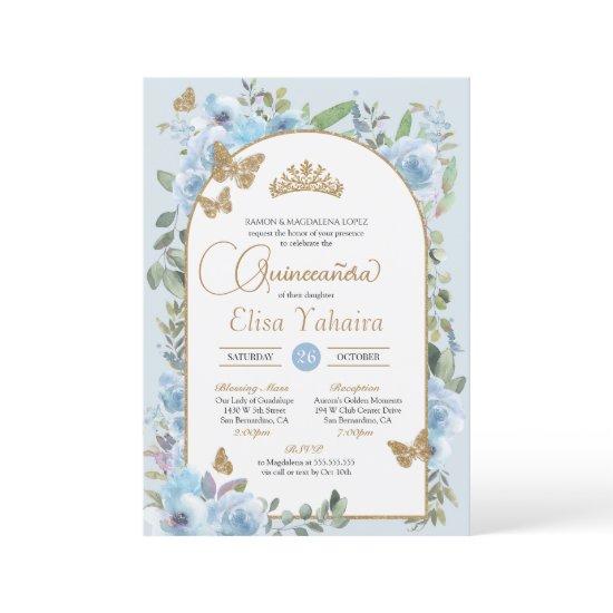 Baby Blue Butterfly Watercolor Floral Quinceañera
