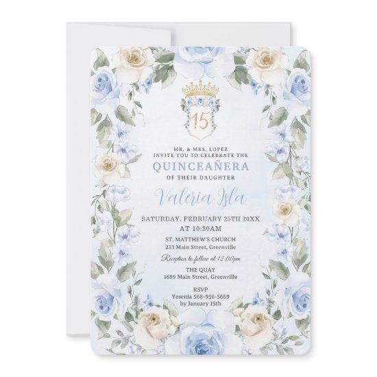 Baby Blue Cream Floral Wreath Gold Quinceañera