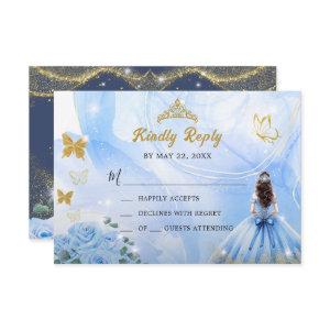 Baby Blue Dress Princess Glitter Quinceañera  RSVP Card