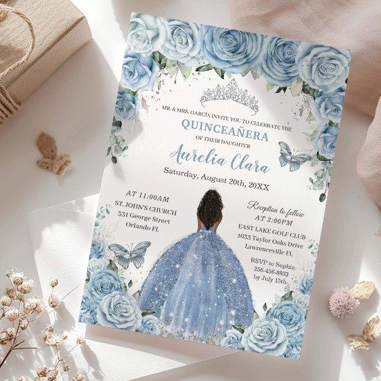 Baby Blue Floral Brown Princess Silver Quinceañera