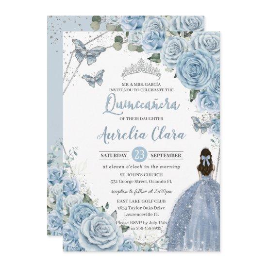 Baby Blue Floral Butterflies Princess QUINCEAÑERA