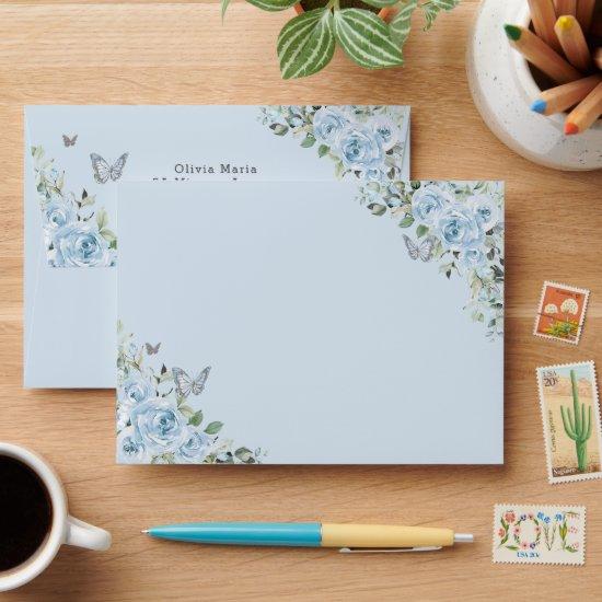 Baby Blue Floral Butterflies Quinceañera Birthday Envelope