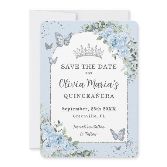 Baby Blue Floral Butterflies Quinceañera Photo Save The Date