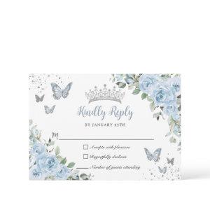 Baby Blue Floral Butterflies Silver Quinceañera RSVP Card