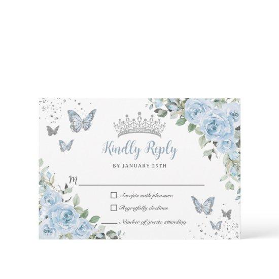 Baby Blue Floral Butterflies Silver Quinceañera RSVP Card