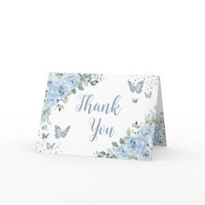 Baby Blue Floral Butterflies Silver Quinceañera Thank You Card