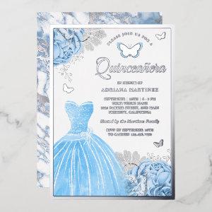 Baby Blue Floral Butterfly Quinceanera Silver Foil