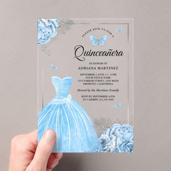 Baby Blue Floral Butterfly Silver Quinceanera Acrylic