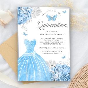 Baby Blue Floral Butterfly Silver Quinceanera