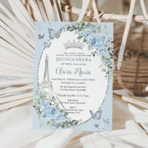 Baby Blue Floral Eiffel Butterflies Quinceañera