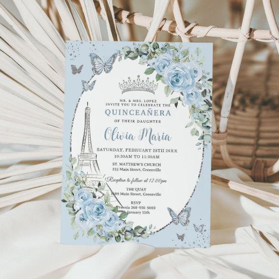 Baby Blue Floral Eiffel Butterflies Quinceañera