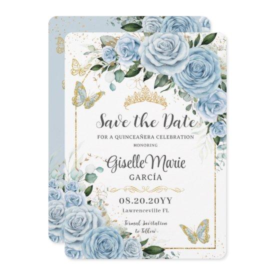 Baby Blue Floral Gold Quinceañera Butterflies Arch Save The Date