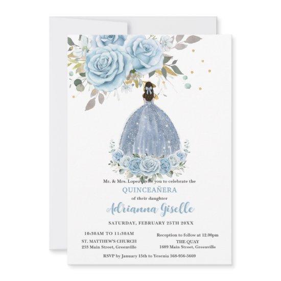 Baby Blue Floral Gold Quinceañera Princess Dress