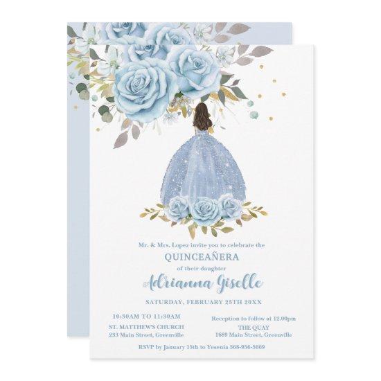 Baby Blue Floral Gold Quinceanera Princess Girl