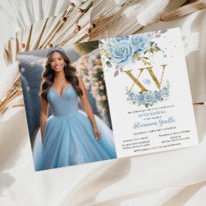 Baby Blue Floral Gold XV Quinceañera Quince Photo
