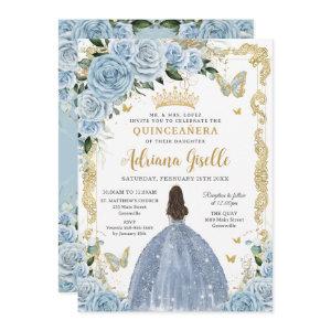 Baby Blue Floral Princess Dress Gold Quinceanera