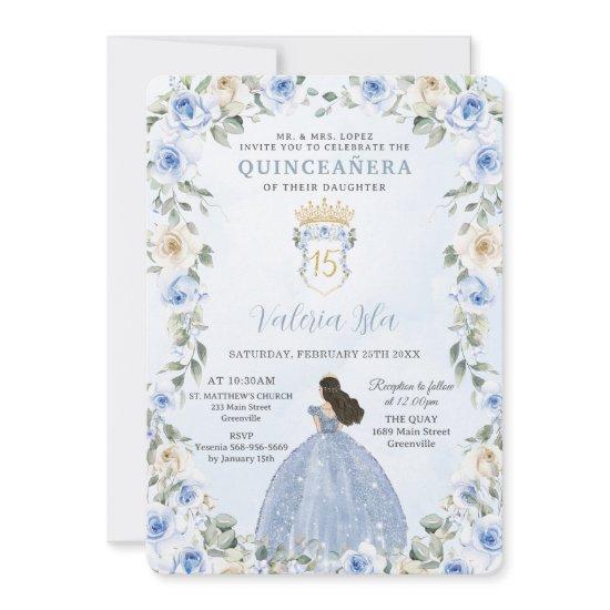 Baby Blue Floral Princess Dress Gold Quinceañera