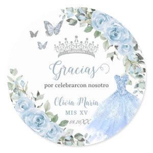Baby Blue Floral Princess Dress Silver Quinceañera Classic Round Sticker
