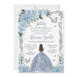 Baby Blue Floral Princess Dress Silver Quinceanera
