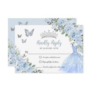 Baby Blue Floral Princess Dress Silver Quinceañera RSVP Card