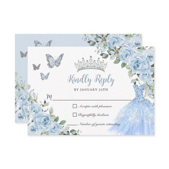 Baby Blue Floral Princess Dress Silver Quinceañera RSVP Card