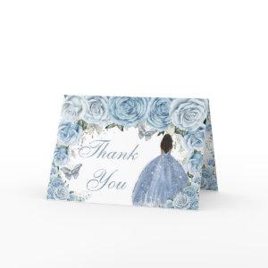 Baby Blue Floral Quinceañera Brown Princess  Thank You Card