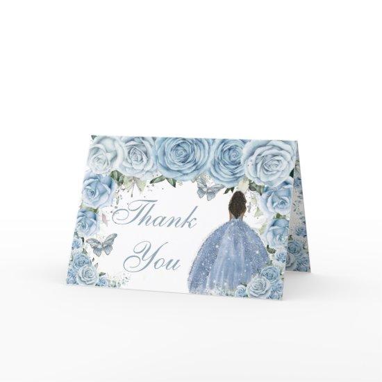 Baby Blue Floral Quinceañera Brown Princess  Thank You Card