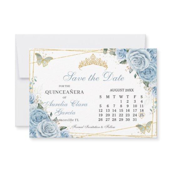 Baby Blue Floral Quinceanera Sweet 16 Calendar Save The Date