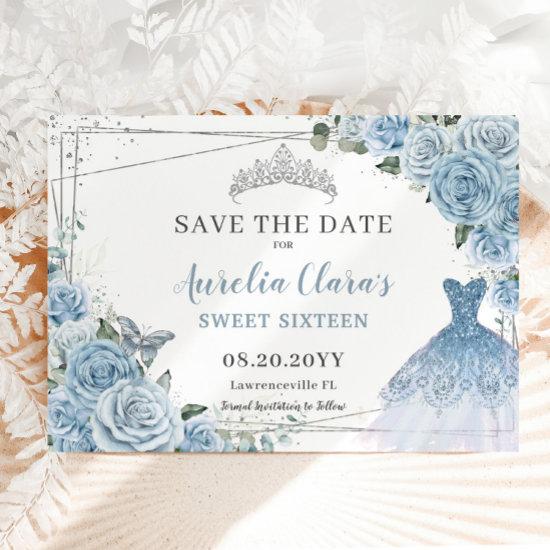 Baby Blue Floral Quinceanera Sweet Sixteen Dress Save The Date