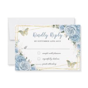 Baby Blue Floral Roses Gold Quinceañera Butterfly RSVP Card