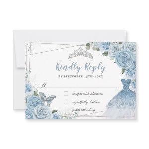 Baby Blue Floral Roses Quinceañera Butterfly Dress RSVP Card
