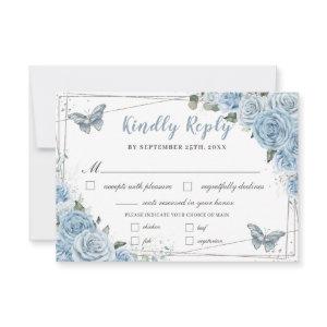 Baby Blue Floral Roses Quinceañera Butterfly Meal RSVP Card