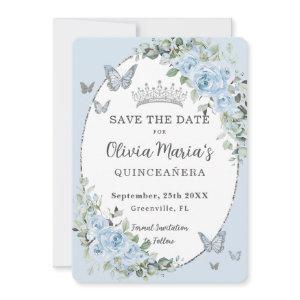 Baby Blue Floral Silver Butterflies Quinceañera Save The Date
