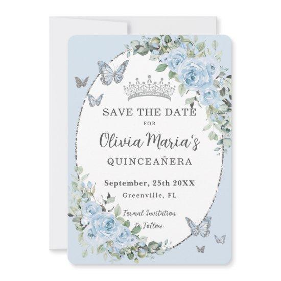 Baby Blue Floral Silver Butterflies Quinceañera Save The Date