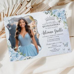 Baby Blue Floral Silver Quinceañera 16th Picture