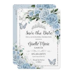 Baby Blue Floral Silver Quinceañera Butterflies Save The Date
